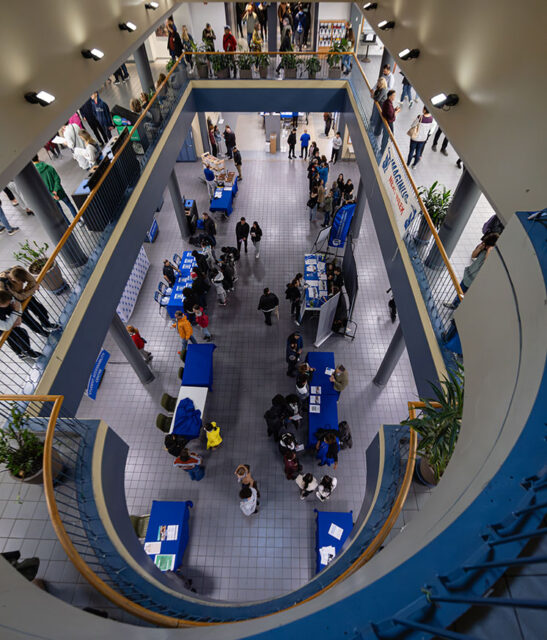 Overhead view of Dawson college's upper and lower atrium